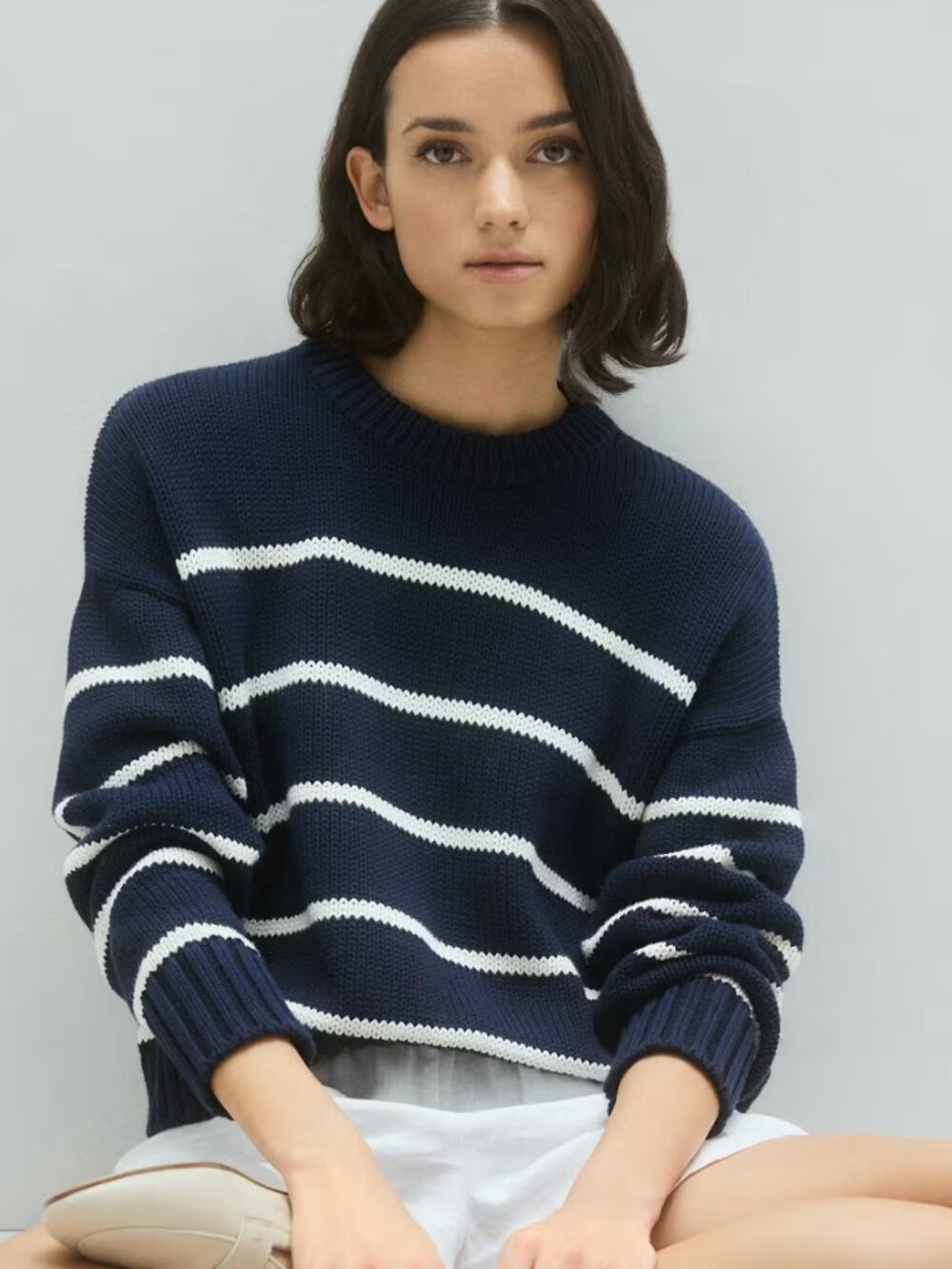 Quince 1Organic Cotton Striped Crew Sweater Navy & White Striped XL
